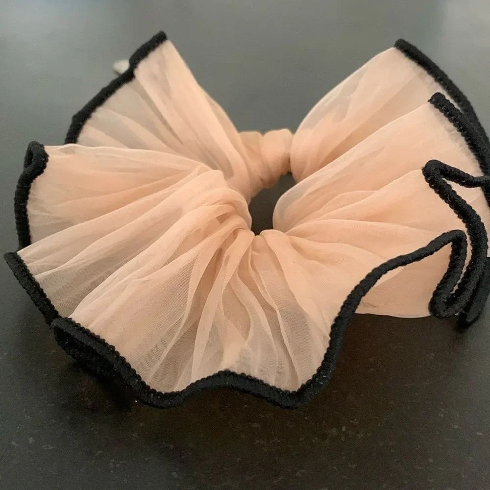 Oversized Organza Scrunchie with Ruffle Edge in Sheer Almond